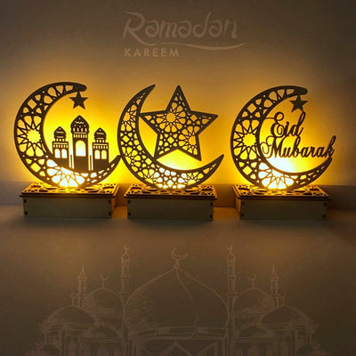 Eid Mubarak Ramadan DIY Wooden LED Decorative Light With Moon Hanging Pendant