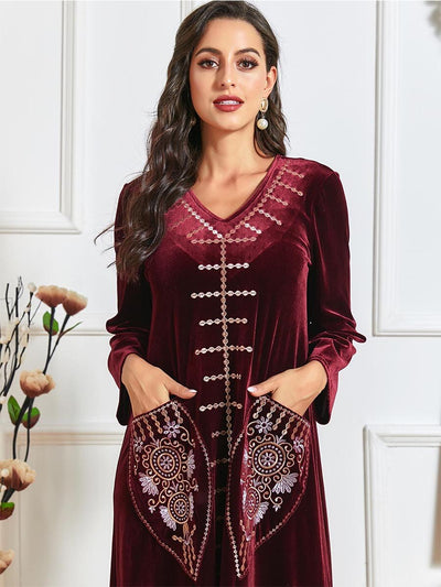 Women's Decorative Pocket Velvet Abaya